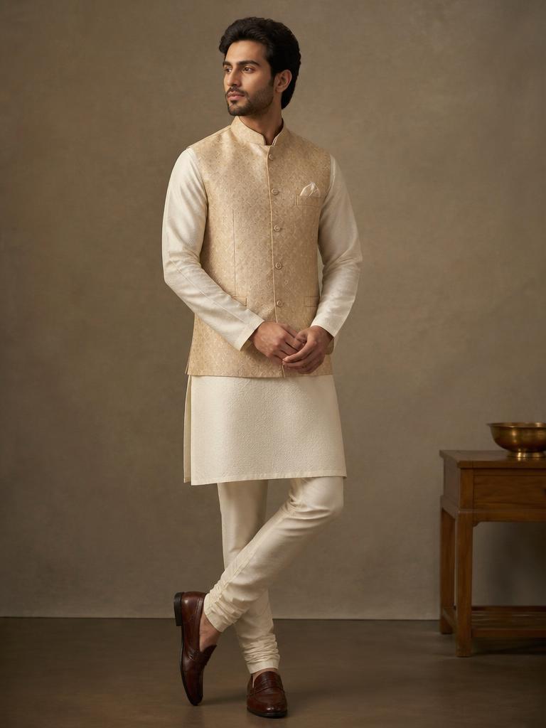 Beige Nehru Jacket Set