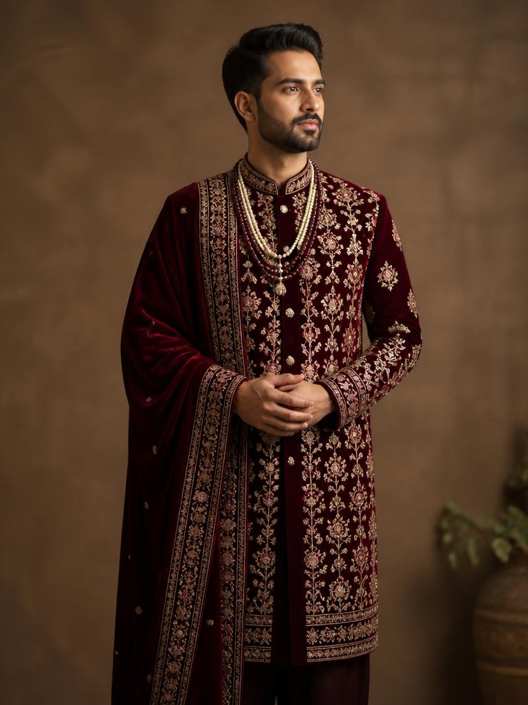 Maroon Embroidered Sherwani
